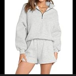 Automet Cozy Gray Half-Zip Sweatshirt & Shorts set for Women